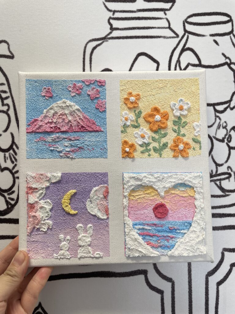 A textured painting created with sand and paint, featuring a 3D effect and intricate, raised patterns for a unique artistic look.