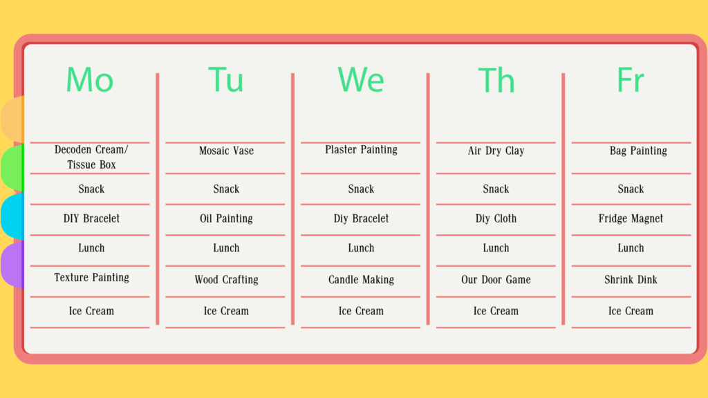 A weekly craft workshop schedule at Crafts Zone featuring fun DIY activities in Boston.