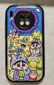 Colorful cartoon phone case with character illustrations, featuring a boy in a monster costume and various monster-themed elements on a black case.