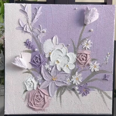 A textured floral painting on canvas, featuring intricate raised flowers in soft white, lilac, and blush pink tones on a gradient lavender background, with pearl accents and elegant brushwork.