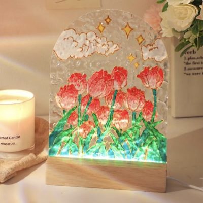 LED acrylic night light with hand-painted tulips and stars