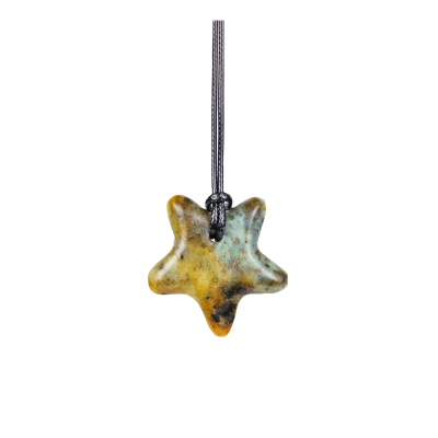 A polished stone necklace featuring a smooth star-shaped stone pendant on a simple cord.